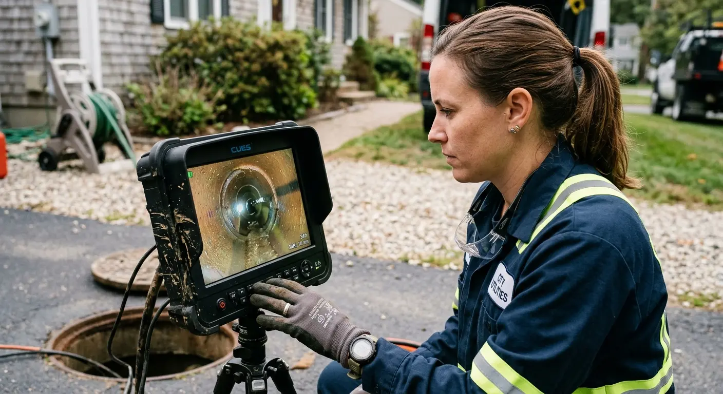 Technician reviewing sewer camera inspection footage in Rowley